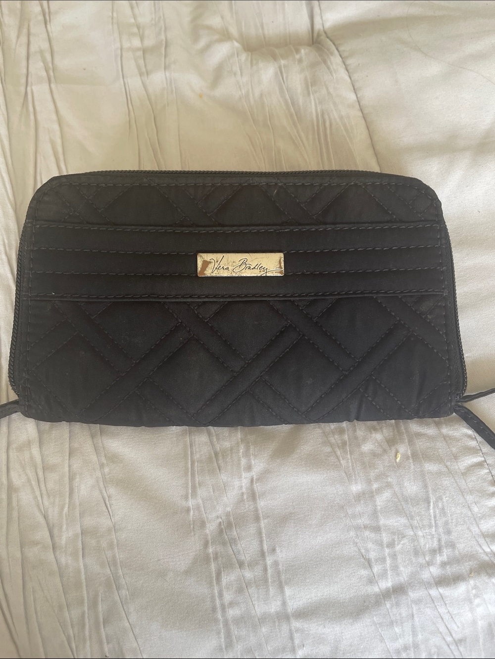 Vera Bradley Black Quilted Zip-Around Wallet with Logo Plaque